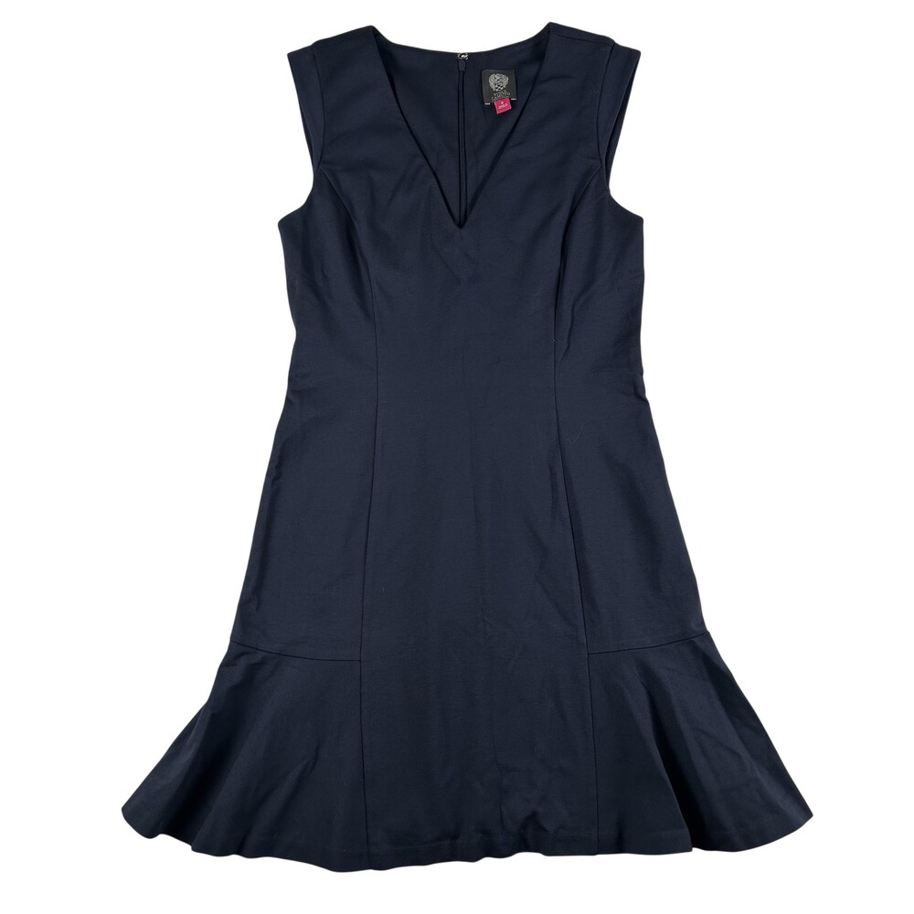 Vince Camuto Dress Womens 8 Navy Sleeveless V Neck Flounce Hem Sheath Workwear